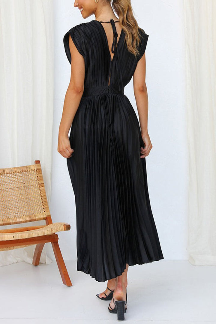 Women's Deep V-Neck Pleated Satin Fall Midi Dress