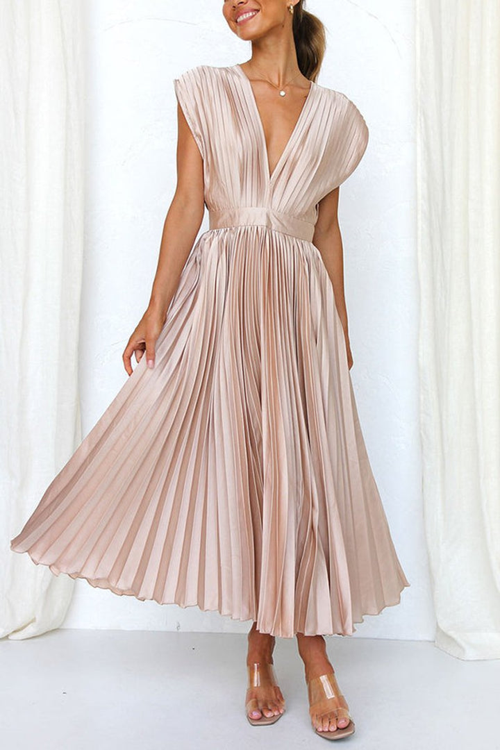 Women's Deep V-Neck Pleated Satin Fall Midi Dress