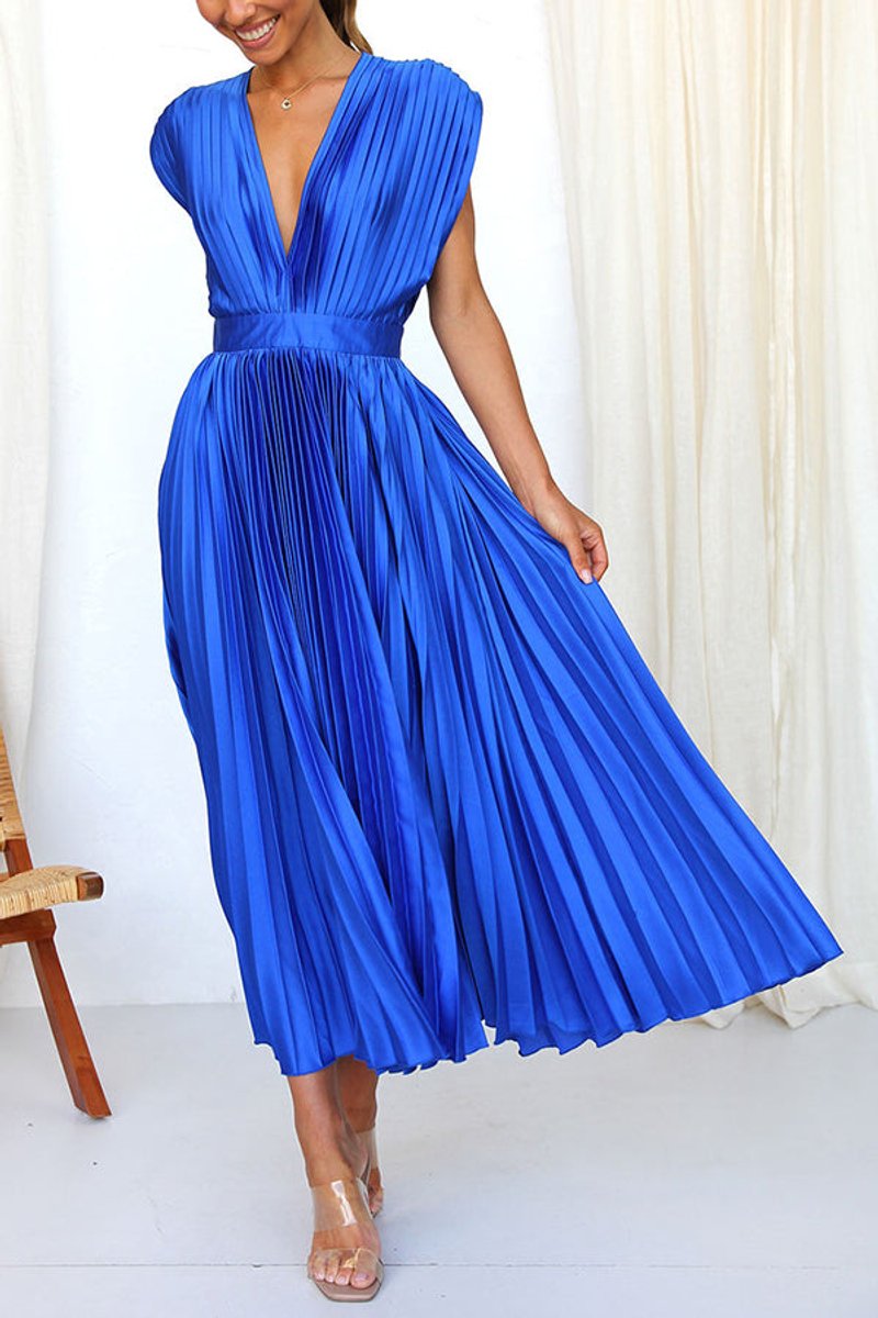 Women's Deep V-Neck Pleated Satin Fall Midi Dress