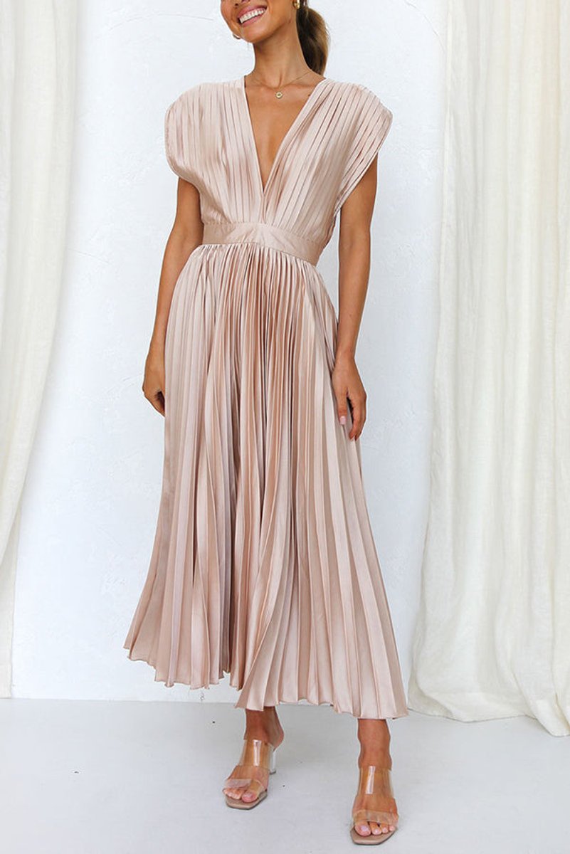 Women's Deep V-Neck Pleated Satin Fall Midi Dress