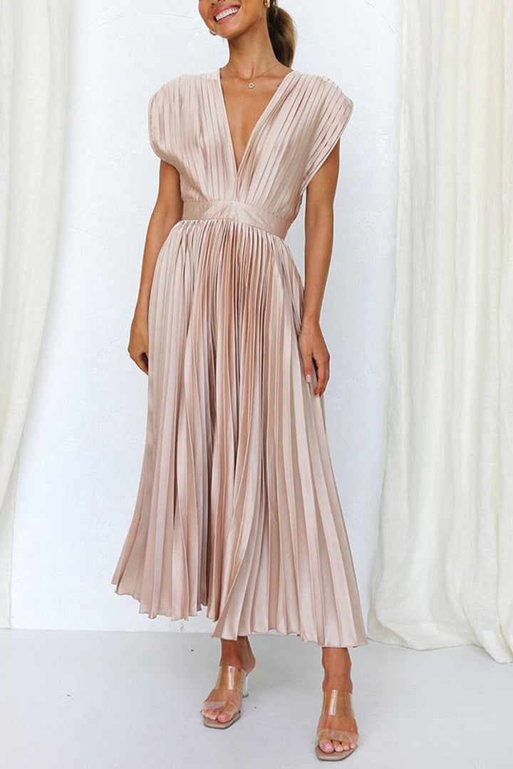 Women's Deep V-Neck Pleated Satin Fall Midi Dress