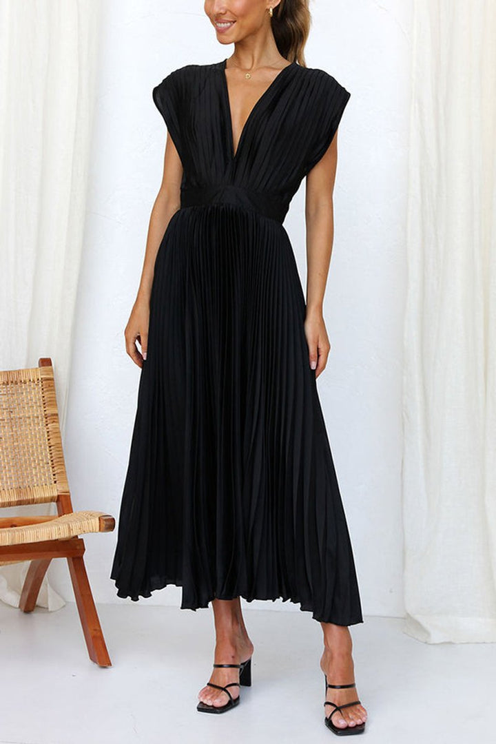 Women's Deep V-Neck Pleated Satin Fall Midi Dress