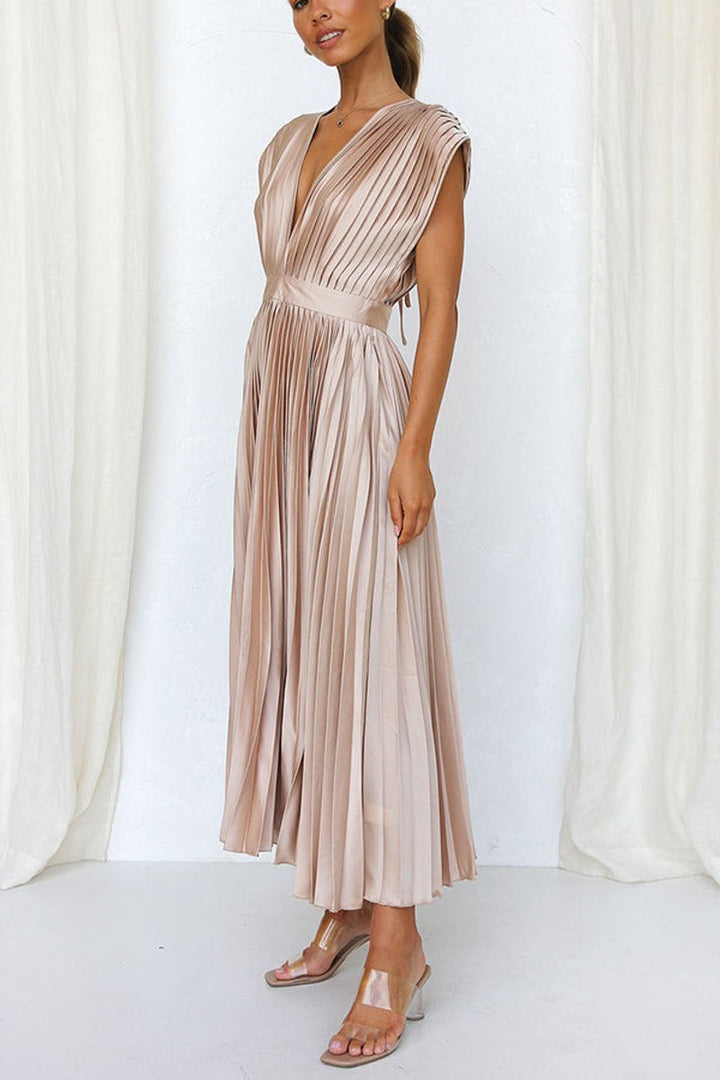 Women's Deep V-Neck Pleated Satin Fall Midi Dress