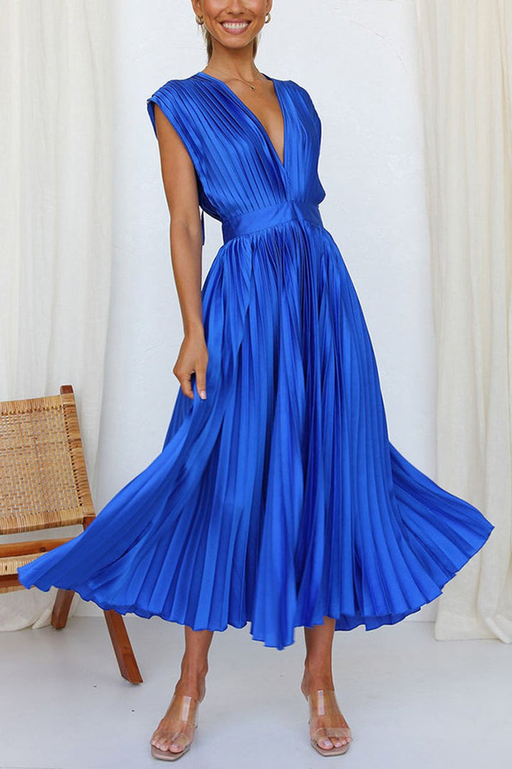 Women's Deep V-Neck Pleated Satin Fall Midi Dress