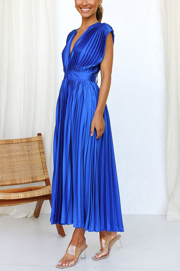 Women's Deep V-Neck Pleated Satin Fall Midi Dress