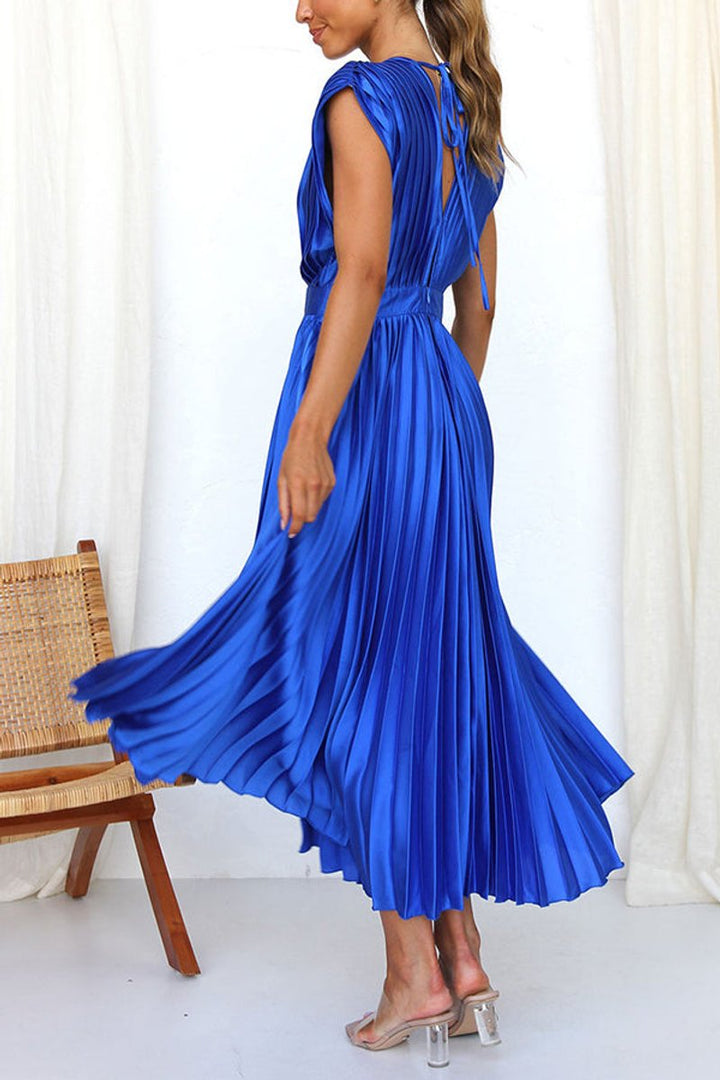 Women's Deep V-Neck Pleated Satin Fall Midi Dress