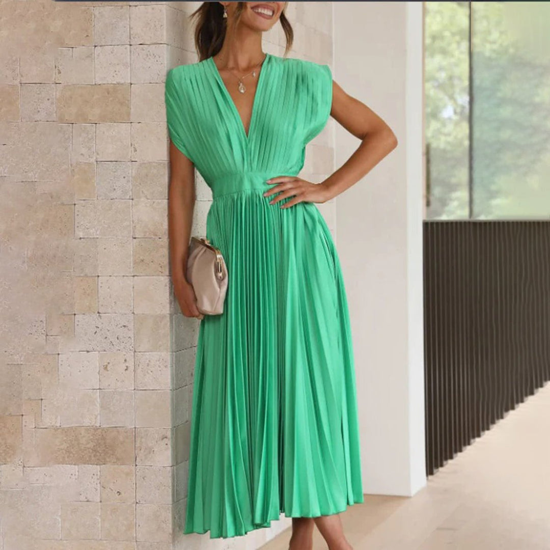 Women's Deep V-Neck Pleated Satin Midi Formal Dress