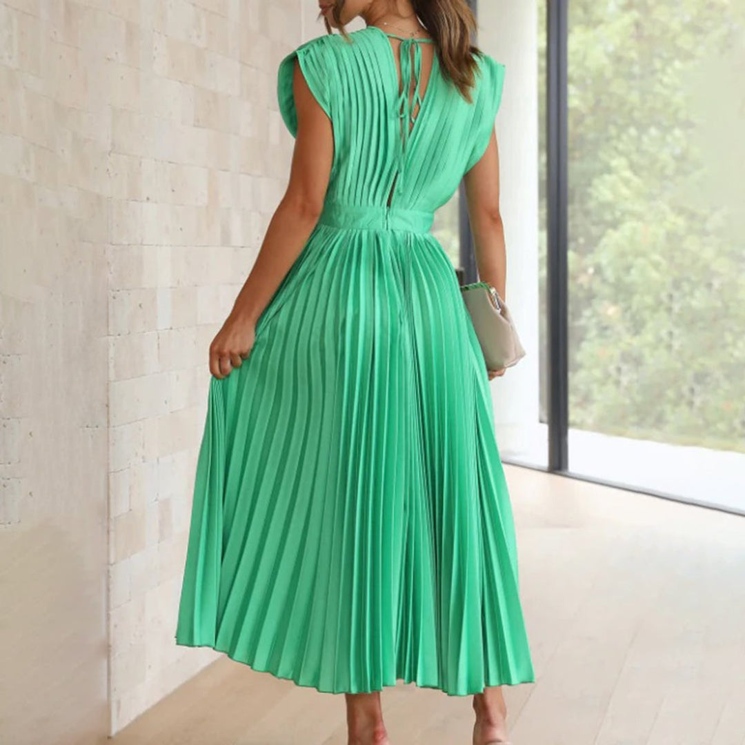 Women's Deep V-Neck Pleated Satin Midi Formal Dress