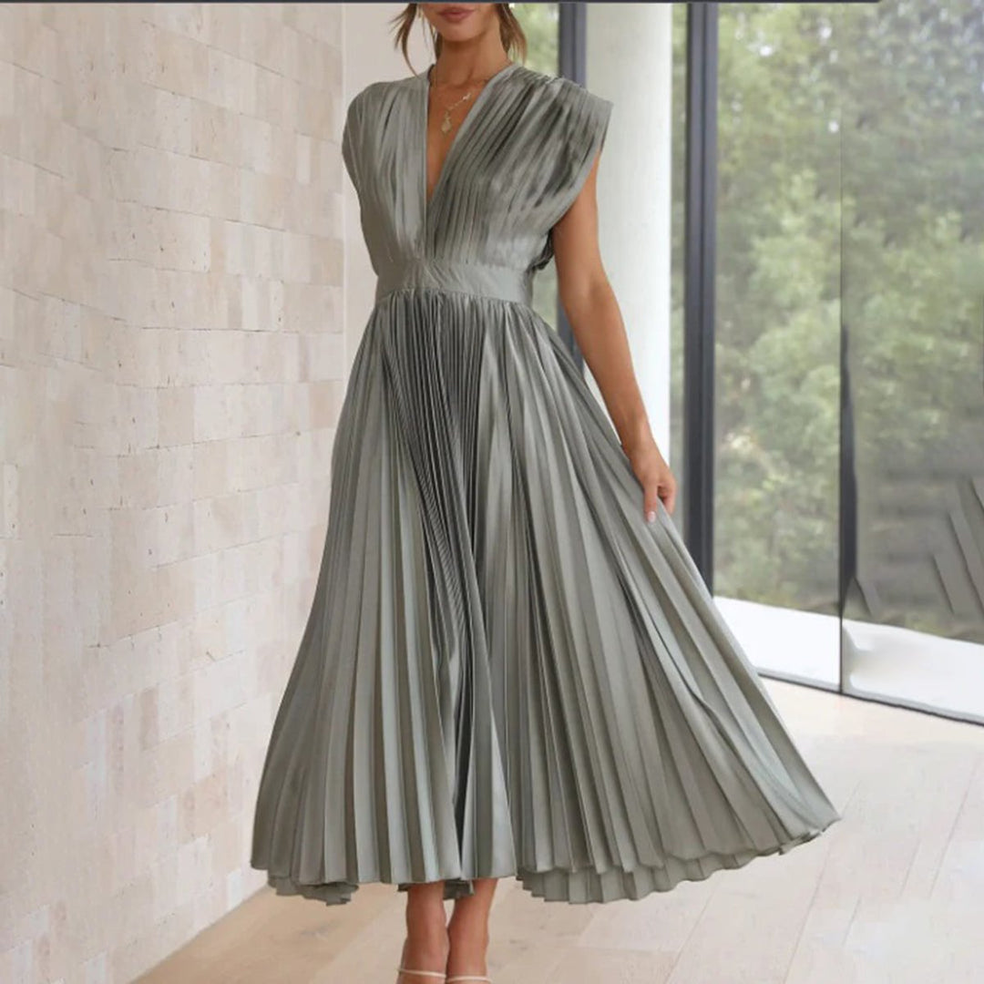 Women's Deep V-Neck Pleated Satin Midi Formal Dress