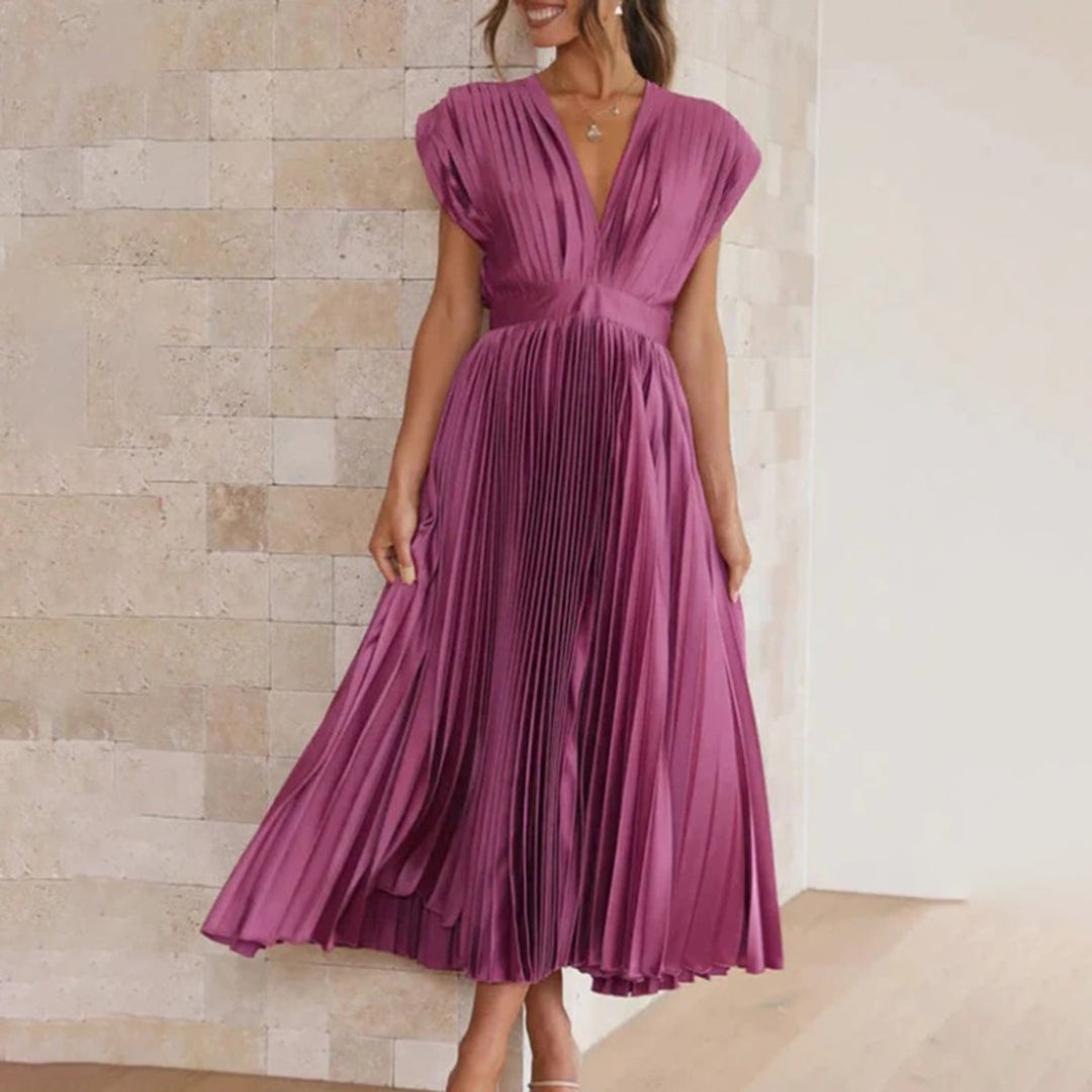 Women's Deep V-Neck Pleated Satin Midi Formal Dress