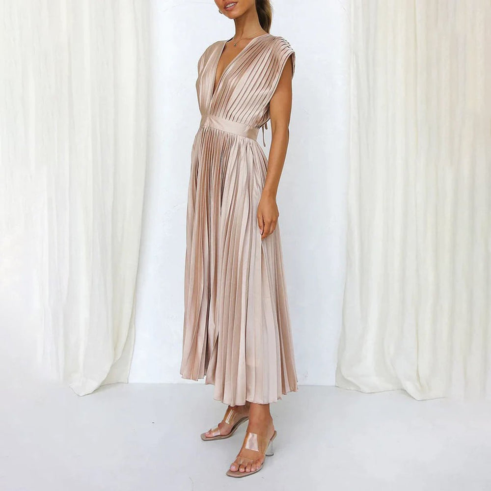 Women's Deep V-Neck Pleated Satin Midi Formal Dress