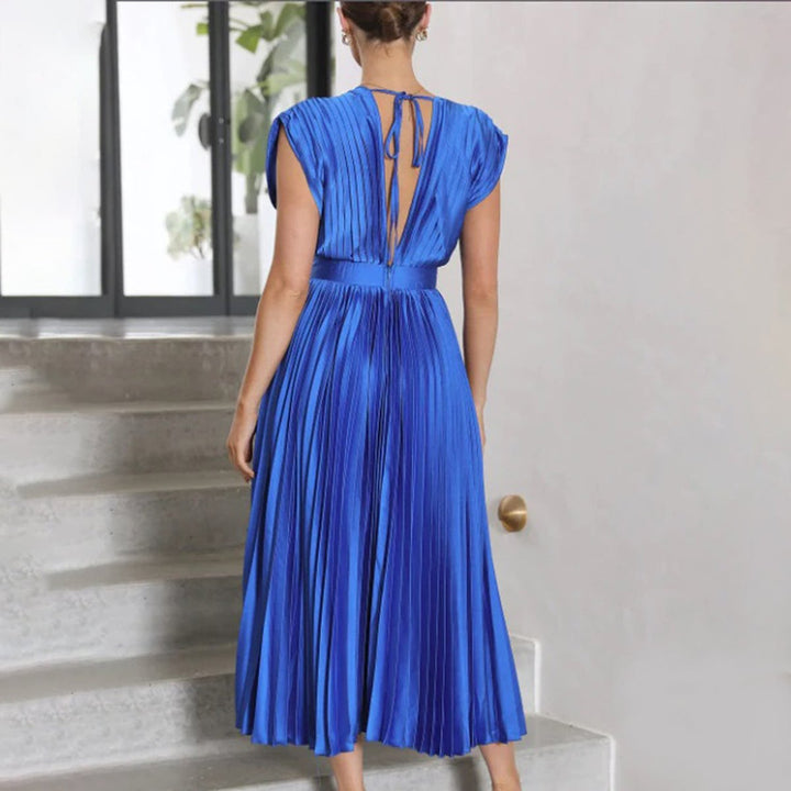 Women's Deep V-Neck Pleated Satin Midi Formal Dress