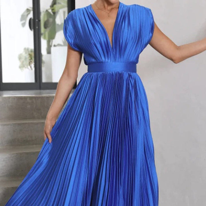 Women's Deep V-Neck Pleated Satin Midi Formal Dress
