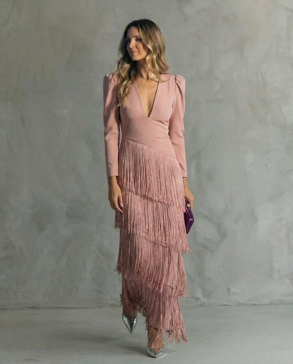 Women's Deep V-Neck Puff Sleeve Tiered Fringe Formal Dress