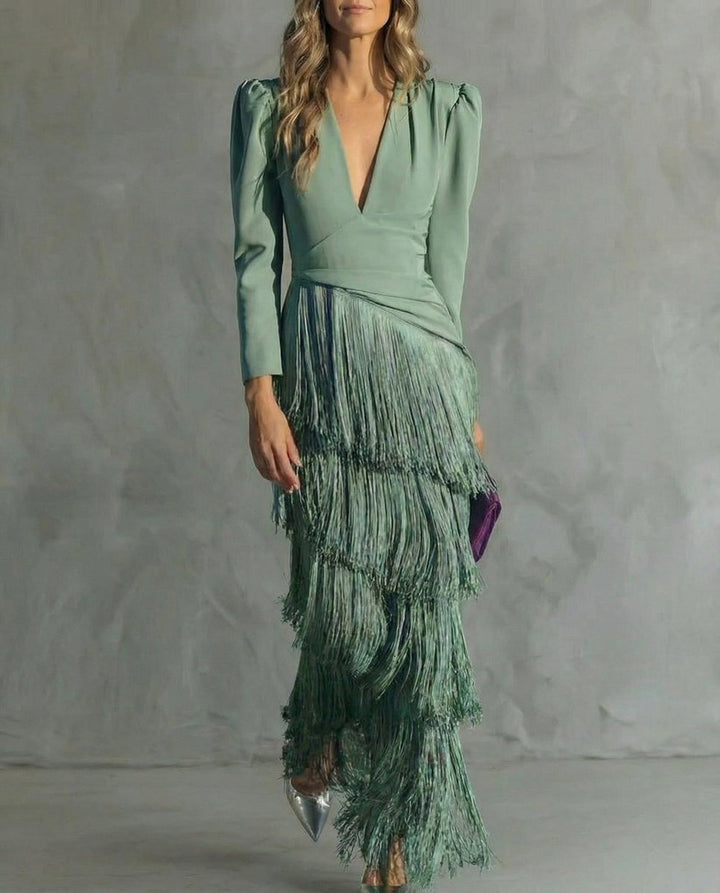 Women's Deep V-Neck Puff Sleeve Tiered Fringe Formal Dress