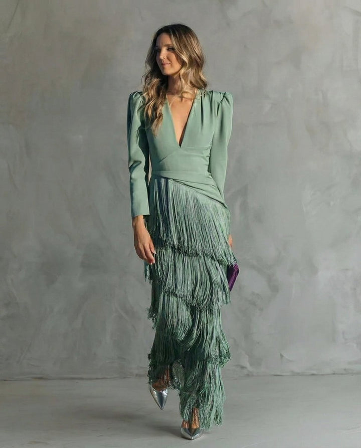 Women's Deep V-Neck Puff Sleeve Tiered Fringe Formal Dress