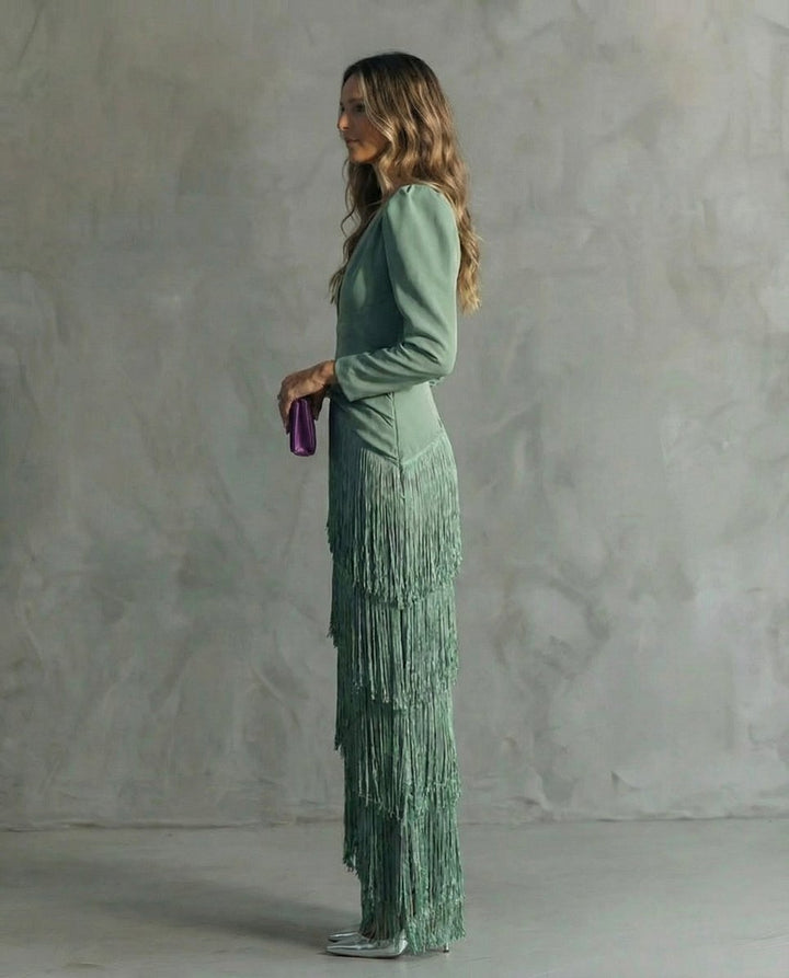 Women's Deep V-Neck Puff Sleeve Tiered Fringe Formal Dress