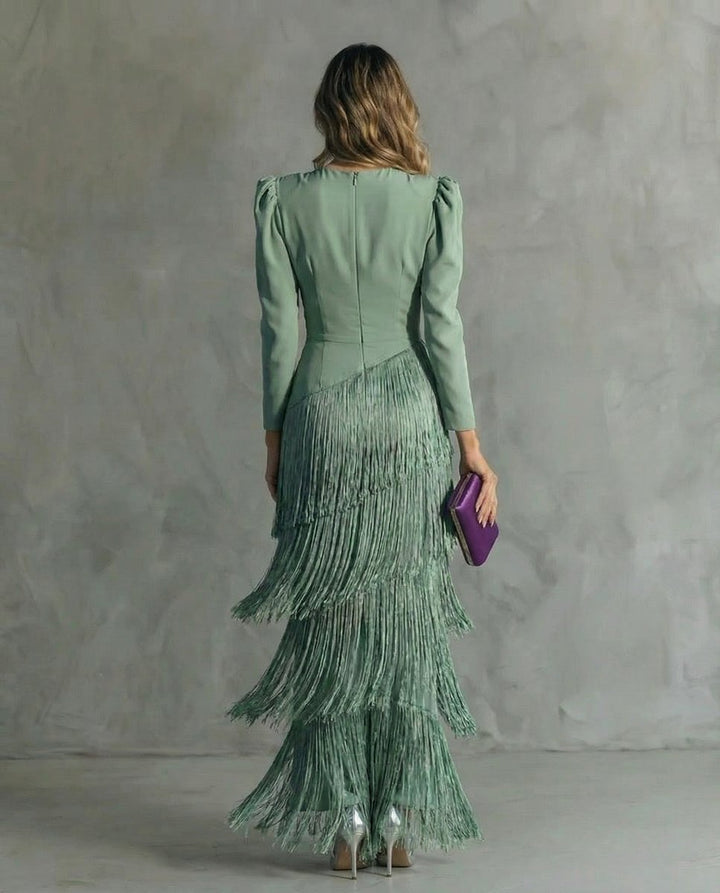 Women's Deep V-Neck Puff Sleeve Tiered Fringe Formal Dress
