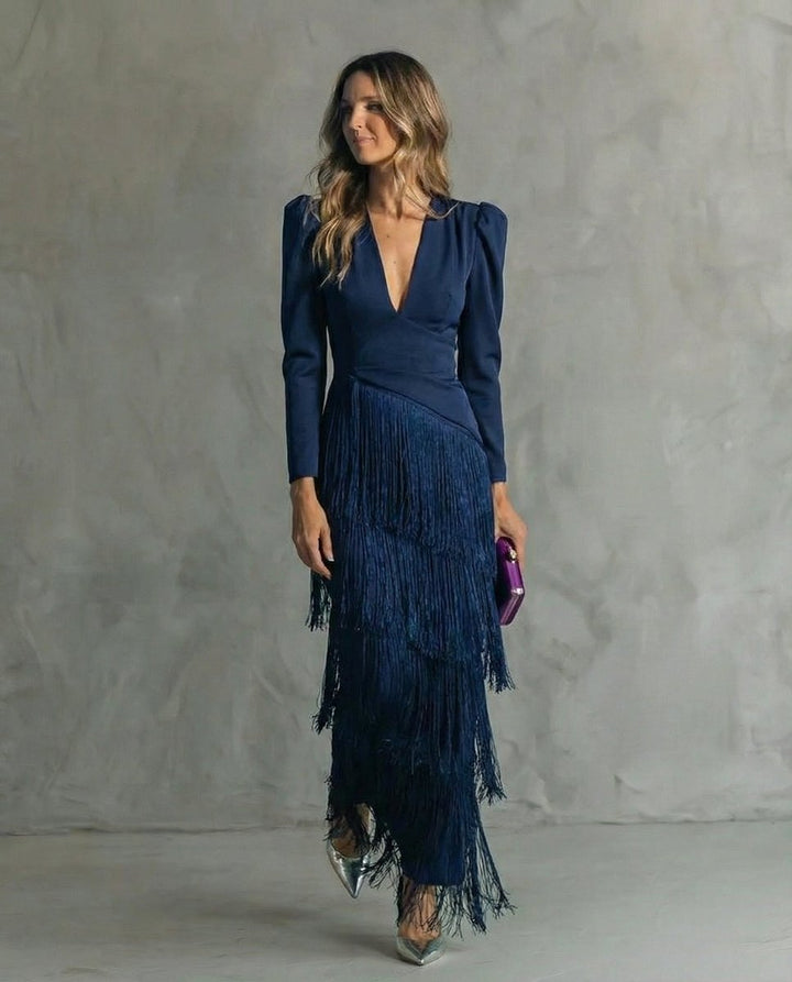 Women's Deep V-Neck Puff Sleeve Tiered Fringe Formal Dress
