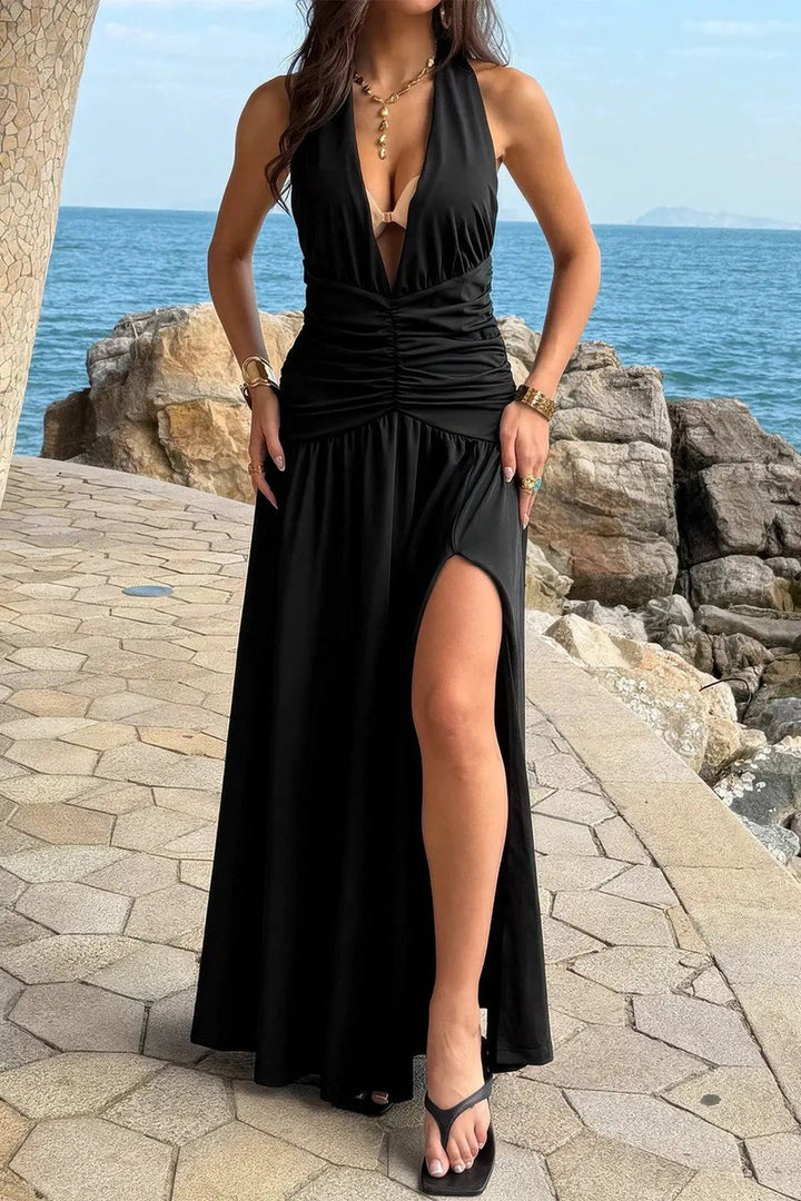 Women's Deep V-Neck Ruched High-Slit Fall Wedding Guest Dress Halter Maxi