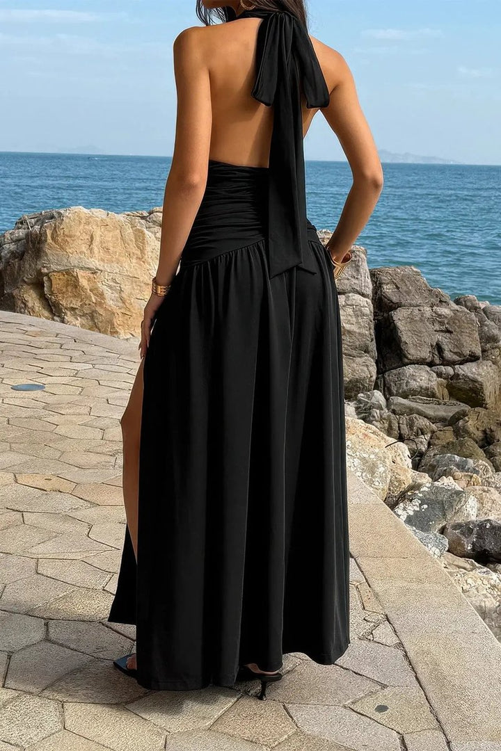 Women's Deep V-Neck Ruched High-Slit Fall Wedding Guest Dress Halter Maxi