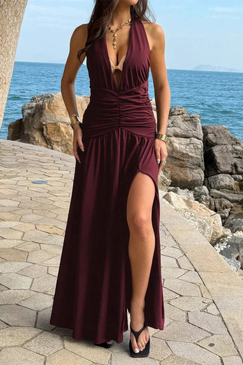 Women's Deep V-Neck Ruched High-Slit Fall Wedding Guest Dress Halter Maxi