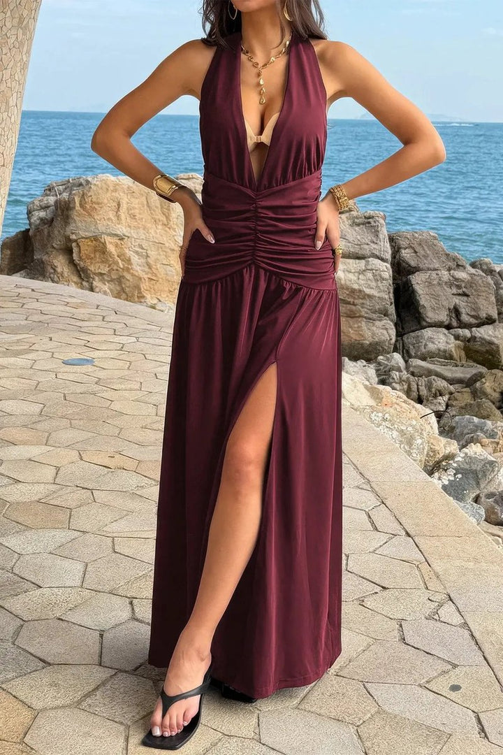 Women's Deep V-Neck Ruched High-Slit Fall Wedding Guest Dress Halter Maxi