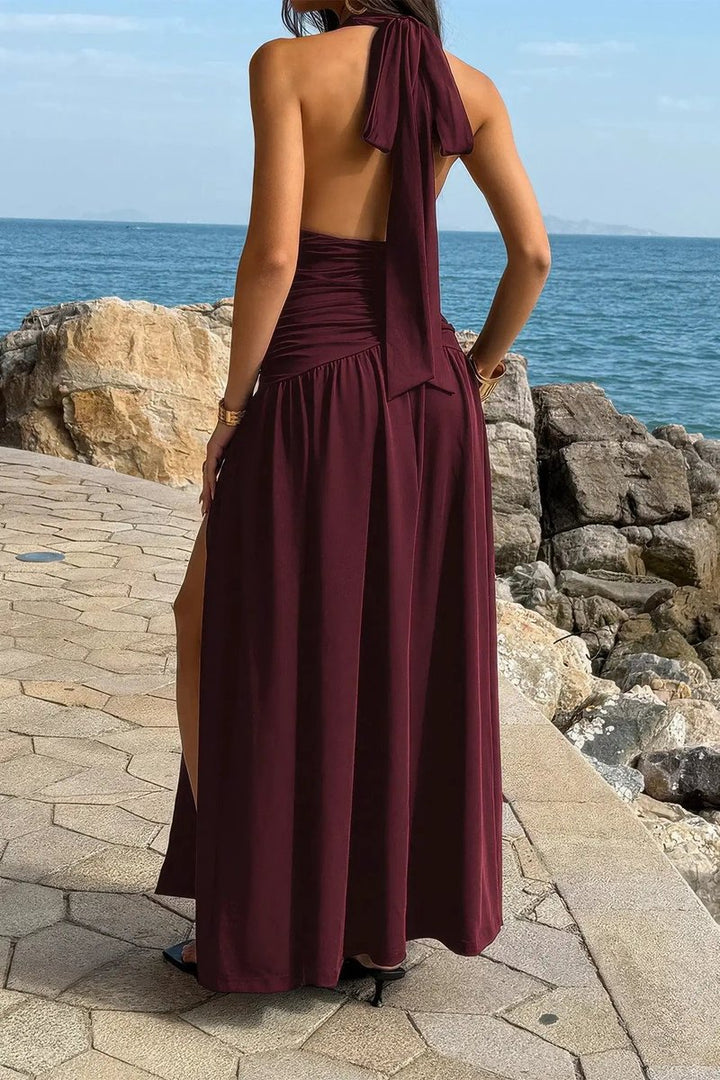 Women's Deep V-Neck Ruched High-Slit Fall Wedding Guest Dress Halter Maxi