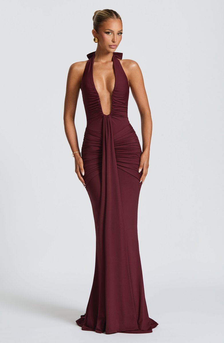 Women's Deep V-Neck Ruched Jersey Fall Wedding Guest Dress Halter Maxi Gown