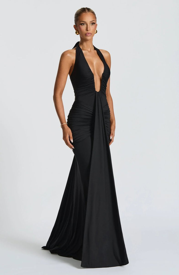 Women's Deep V-Neck Ruched Jersey Fall Wedding Guest Dress Halter Maxi Gown