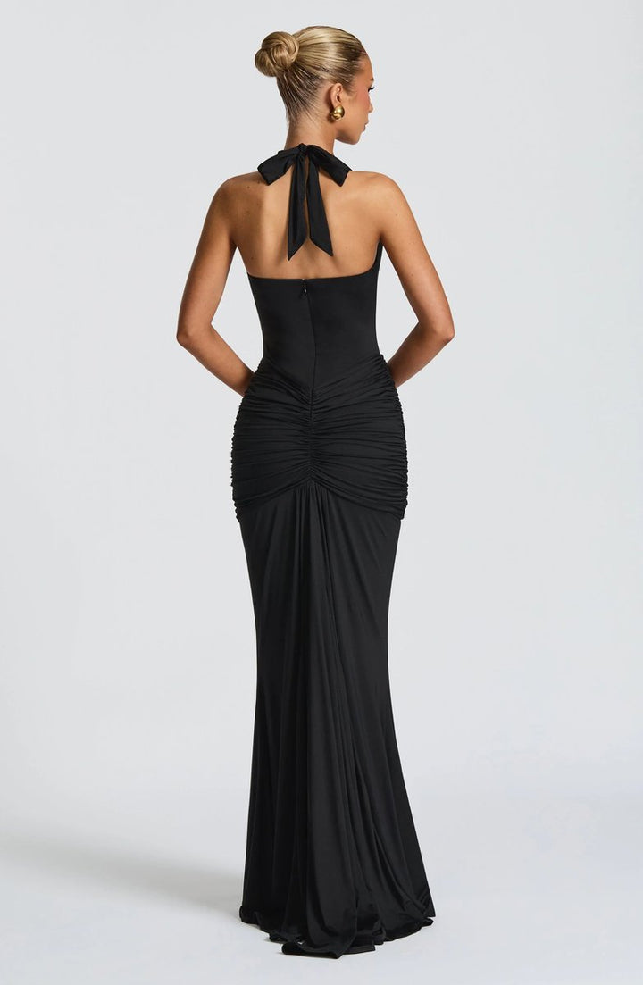 Women's Deep V-Neck Ruched Jersey Fall Wedding Guest Dress Halter Maxi Gown