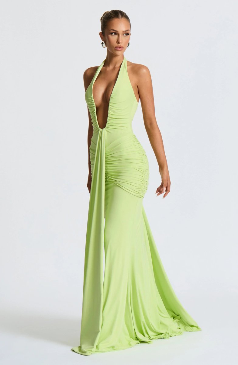 Women's Deep V-Neck Ruched Jersey Fall Wedding Guest Dress Halter Maxi Gown