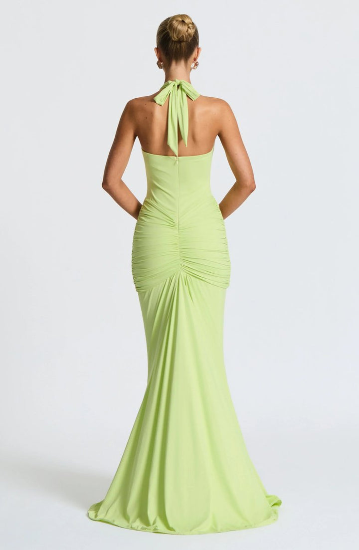 Women's Deep V-Neck Ruched Jersey Fall Wedding Guest Dress Halter Maxi Gown