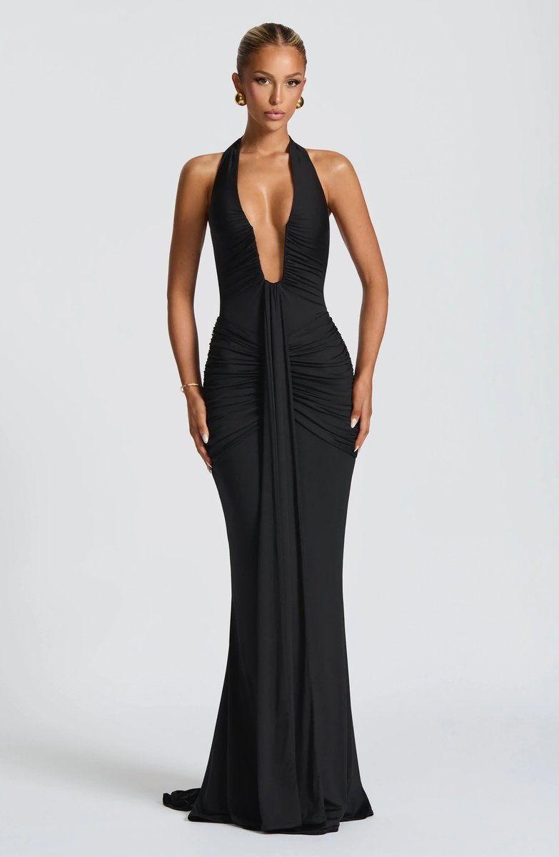 Women's Deep V-Neck Ruched Jersey Fall Wedding Guest Dress Halter Maxi Gown