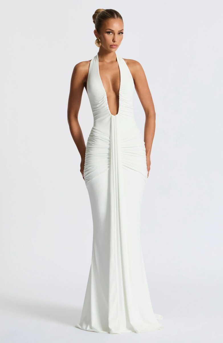Women's Deep V-Neck Ruched Jersey Fall Wedding Guest Dress Halter Maxi Gown