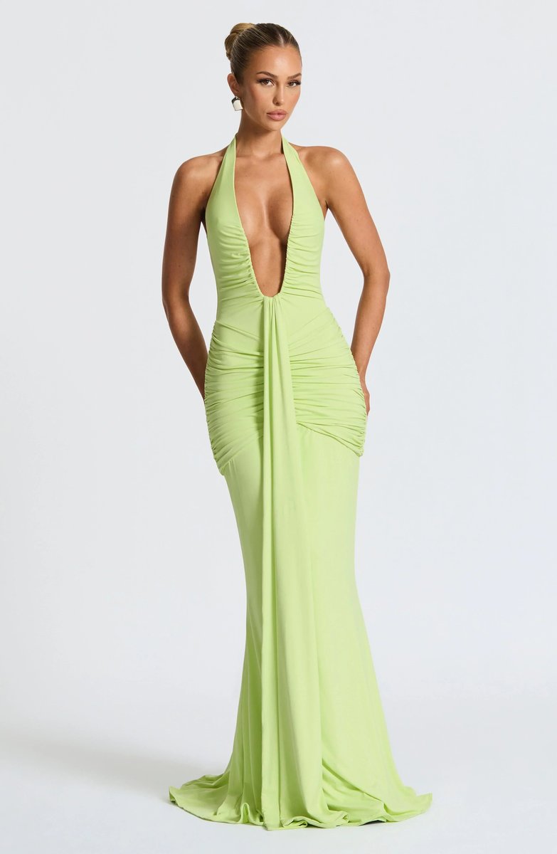 Women's Deep V-Neck Ruched Jersey Fall Wedding Guest Dress Halter Maxi Gown