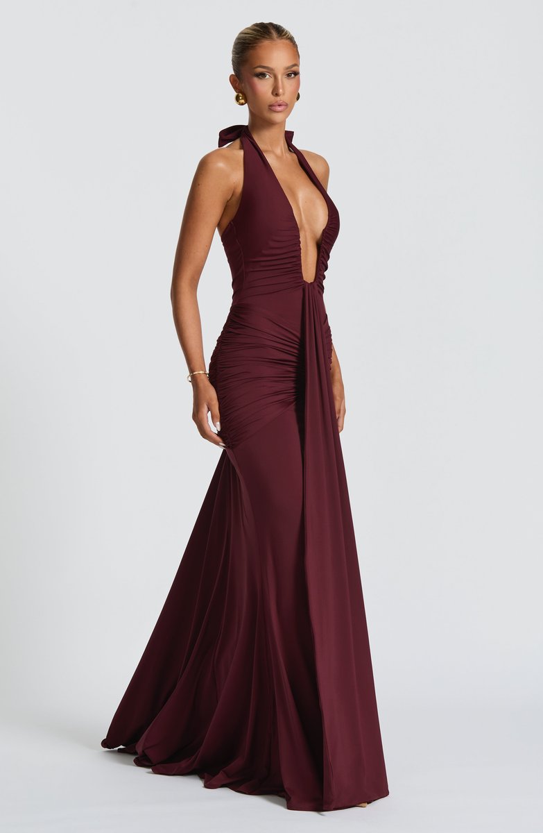 Women's Deep V-Neck Ruched Jersey Fall Wedding Guest Dress Halter Maxi Gown