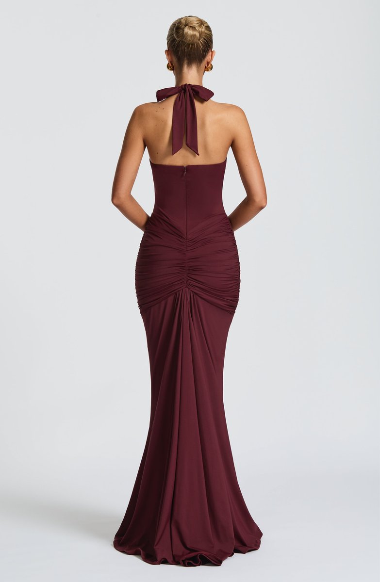 Women's Deep V-Neck Ruched Jersey Fall Wedding Guest Dress Halter Maxi Gown