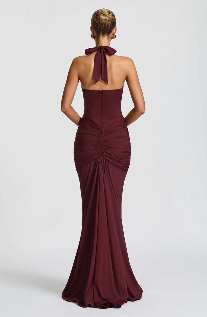 Women's Deep V-Neck Ruched Jersey Fall Wedding Guest Dress Halter Maxi Gown
