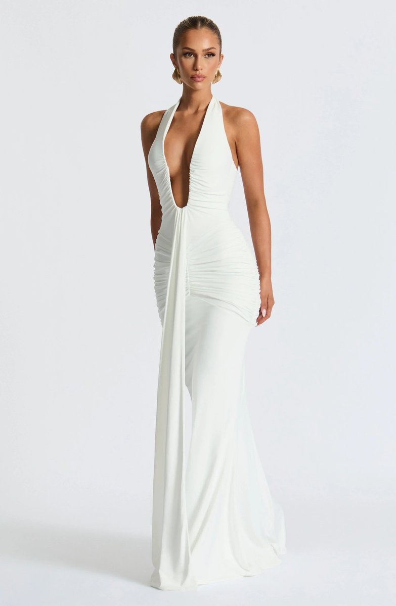 Women's Deep V-Neck Ruched Jersey Fall Wedding Guest Dress Halter Maxi Gown
