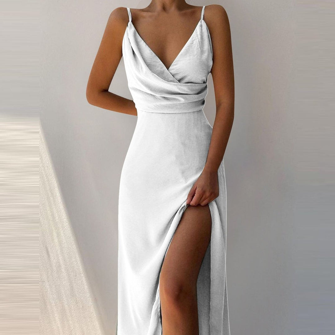Women's Deep V-Neck Ruched Spaghetti Strap Fall Midi Dress