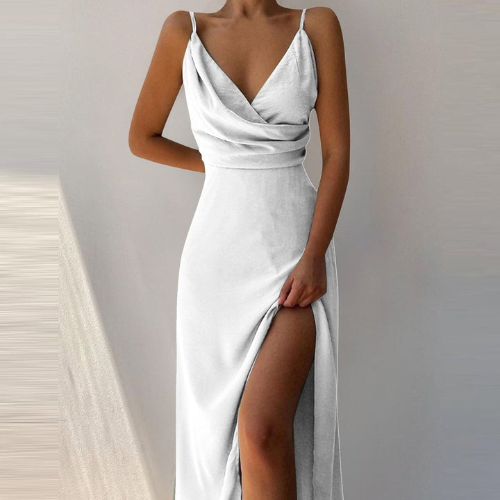 Women's Deep V-Neck Ruched Spaghetti Strap Fall Midi Dress