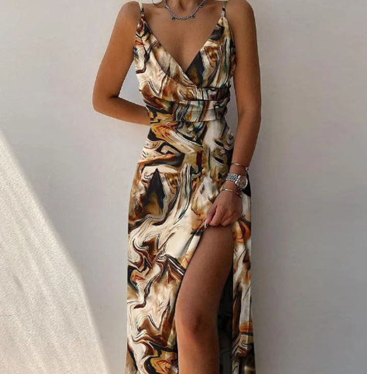 Women's Deep V-Neck Ruched Spaghetti Strap Fall Midi Dress