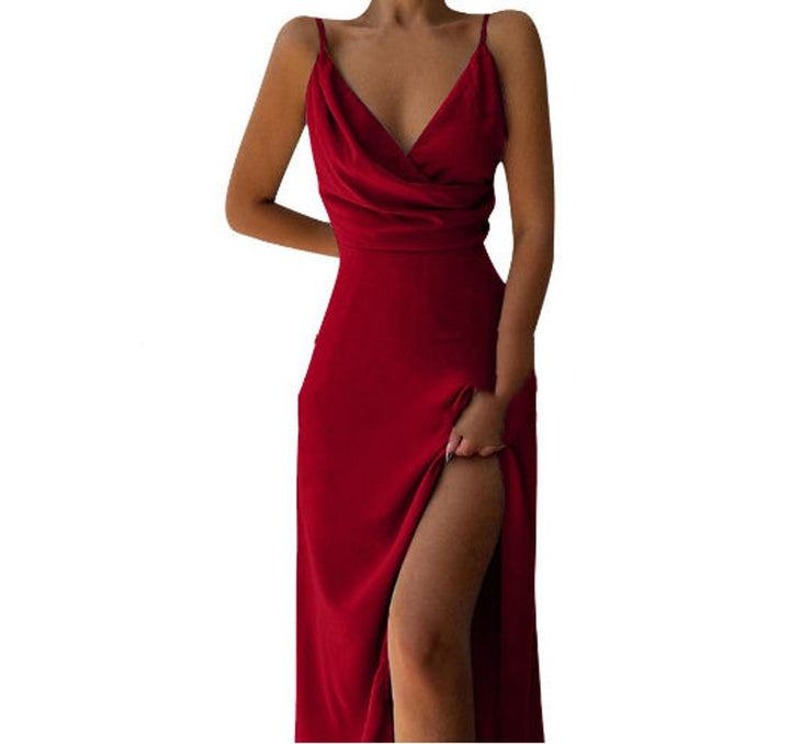 Women's Deep V-Neck Ruched Spaghetti Strap Fall Midi Dress