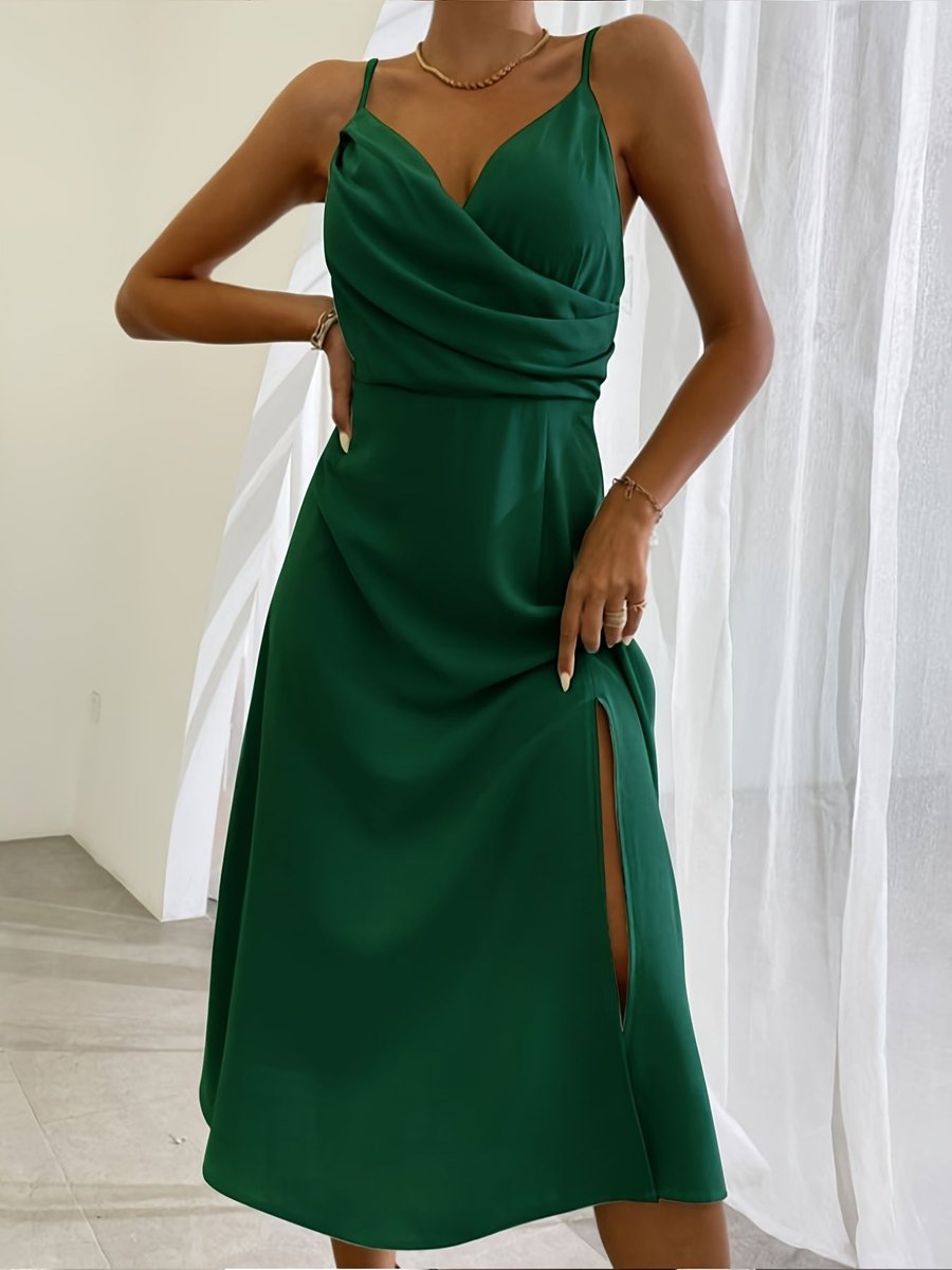 Women's Deep V-Neck Ruched Spaghetti Strap Fall Midi Dress