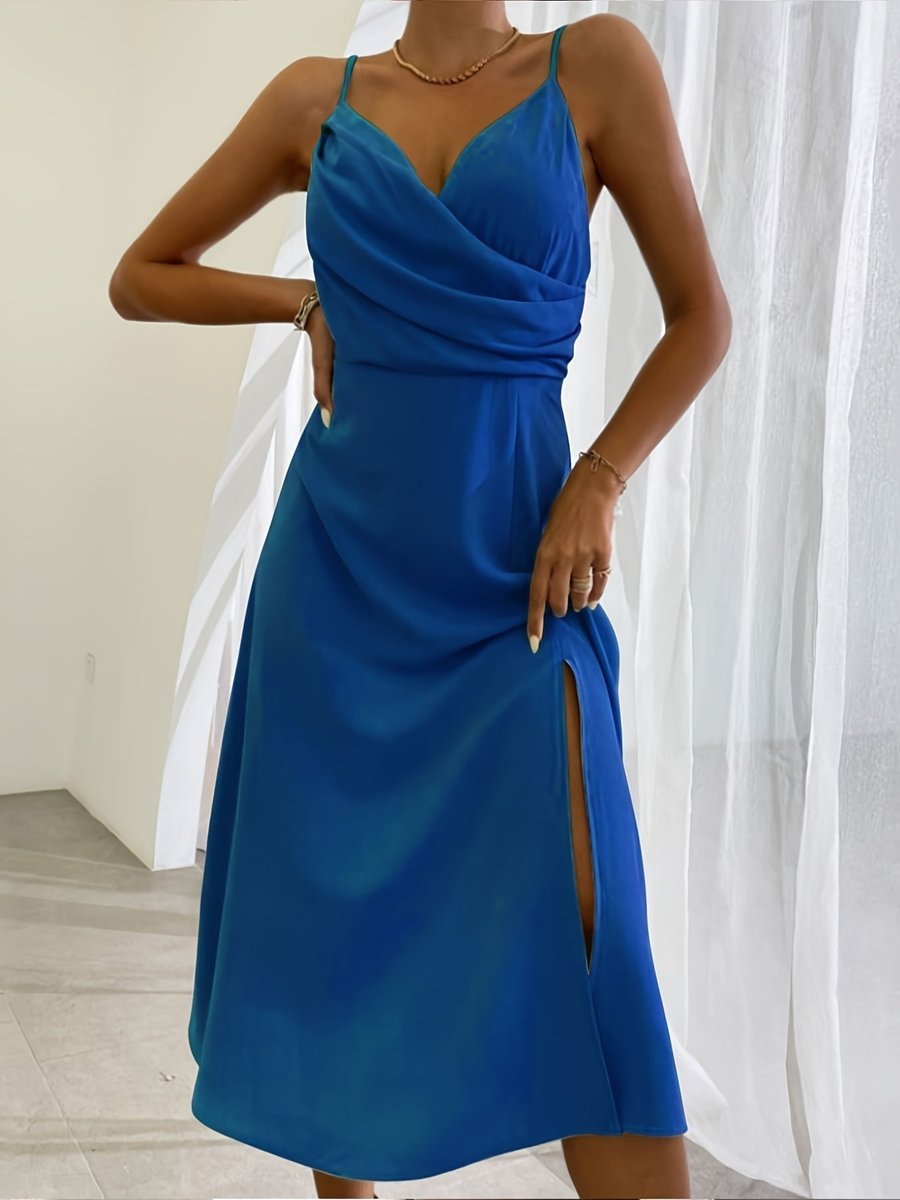 Women's Deep V-Neck Ruched Spaghetti Strap Fall Midi Dress