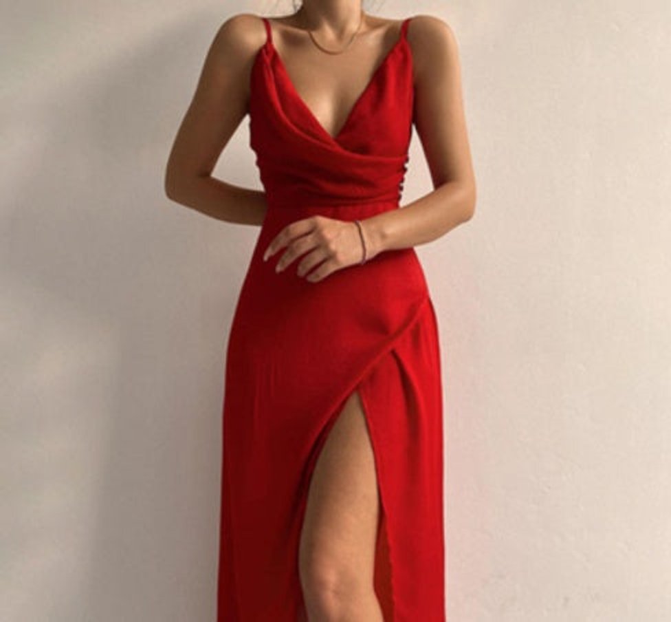 Women's Deep V-Neck Ruched Spaghetti Strap Fall Midi Dress