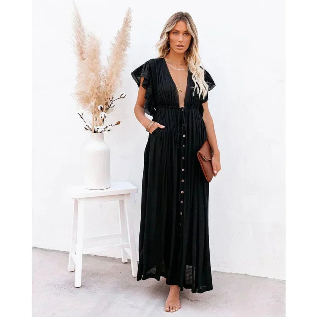 Women's Deep V-Neck Ruffle-Sleeve Maxi Formal Dress