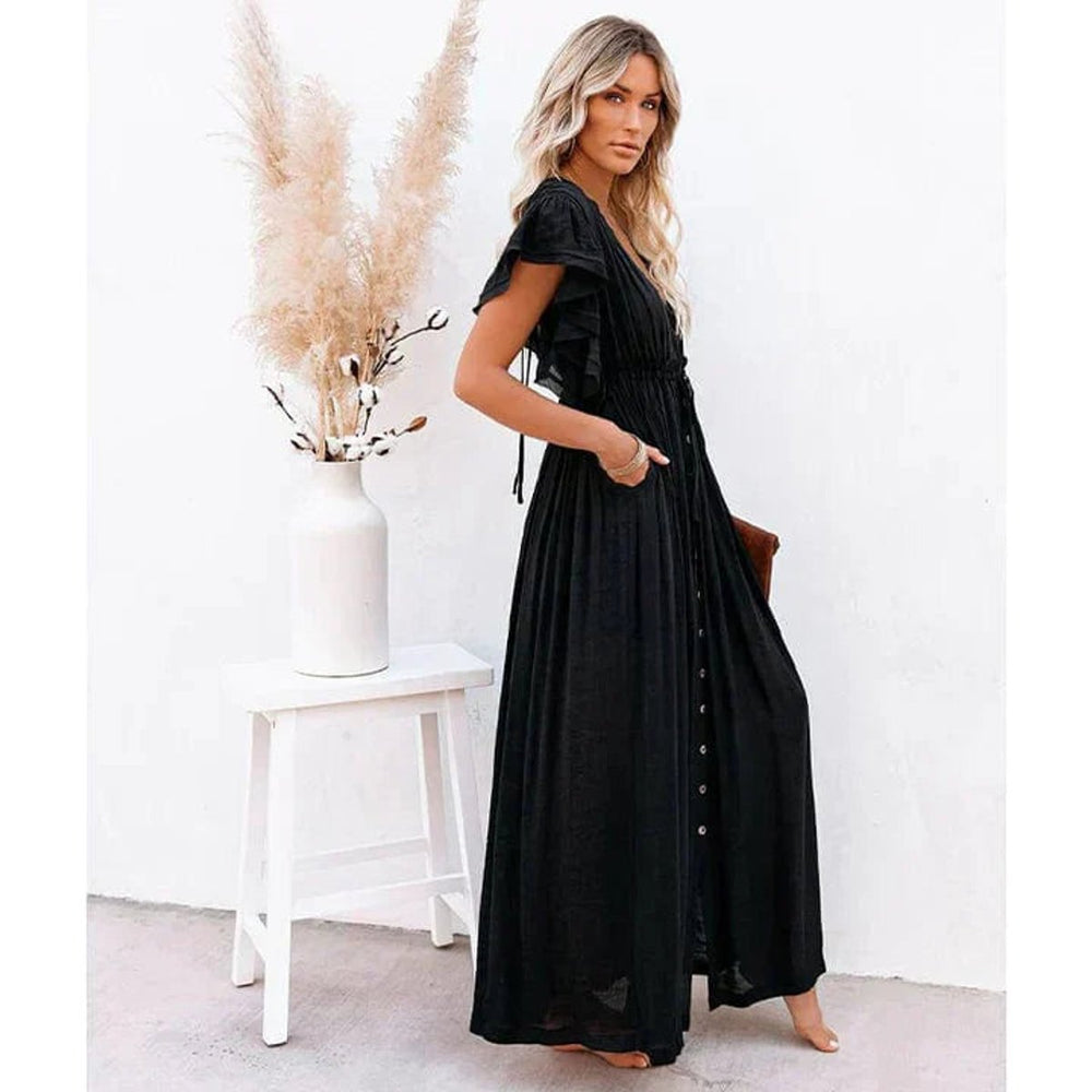 Women's Deep V-Neck Ruffle-Sleeve Maxi Formal Dress
