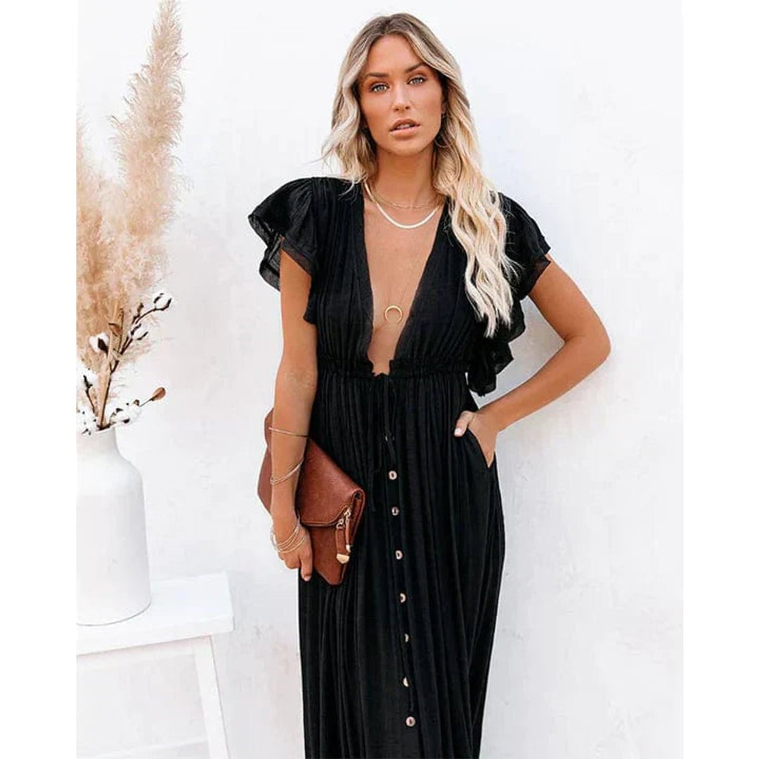 Women's Deep V-Neck Ruffle-Sleeve Maxi Formal Dress